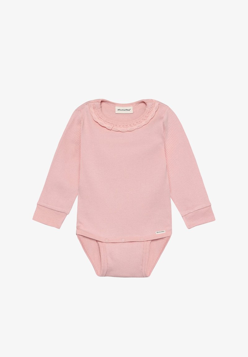 Body à manches longues rose côtelé avec col festonné et fermeture à pression en bas. Confectionné en tissu doux pour plus de confort.