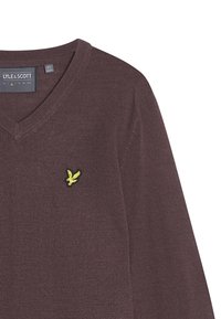 Pullover a V in marrone scuro con finitura testurizzata. Presenta un piccolo logo ricamato di un'aquila gialla sul lato sinistro del petto.