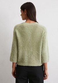 Hellgrüner, strukturierter, flauschiger Pullover mit Dreiviertelärmeln und Rundhalsausschnitt. Kombiniert mit schwarzer Unterwäsche; Rückansicht gezeigt.