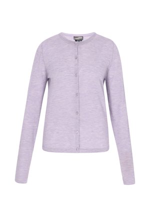 Cardigan lung cu mânecă lungă, de culoare lilac, realizat dintr-un material moale și ușor, cu guler rotund și închidere cu nasturi asortați.