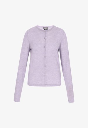 Cardigan lung cu mânecă lungă, de culoare lilac, realizat dintr-un material moale și ușor, cu guler rotund și închidere cu nasturi asortați.