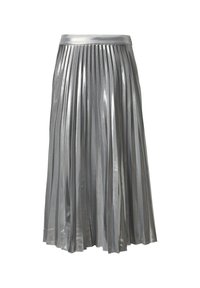 Metallisch zilveren geplooide rok met een gladde tailleband en een vloeiende ontwerp, voorzien van verticale plooien voor extra textuur en beweging.