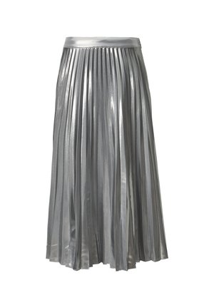 Metallisch silberner, plissierter Rock mit glattem Bund und fließendem Design, der vertikale Falten für zusätzliche Textur und Bewegung aufweist.