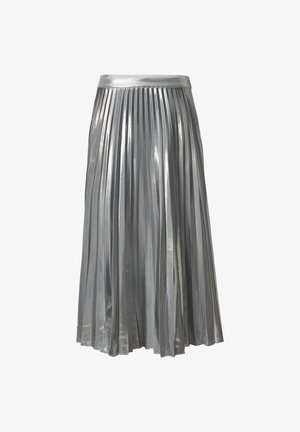 Gonna plissettata argento metallico con una cintura liscia e un design fluido, caratterizzata da pieghe verticali per una maggiore texture e movimento.