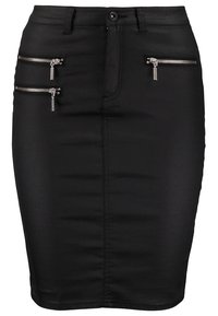 Jupe noire cintrée avec trois poches zippées argentées, passants de ceinture, bouton et couture centrale décorative.