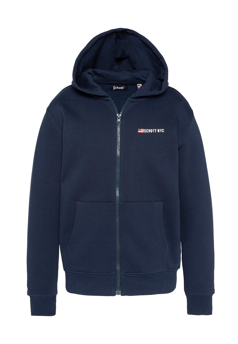Felpa con zip di colore blu navy, realizzata in morbido cotone, dotata di una grande tasca frontale, cappuccio con coulisse e logo "SCHOTT NYC" sul petto.