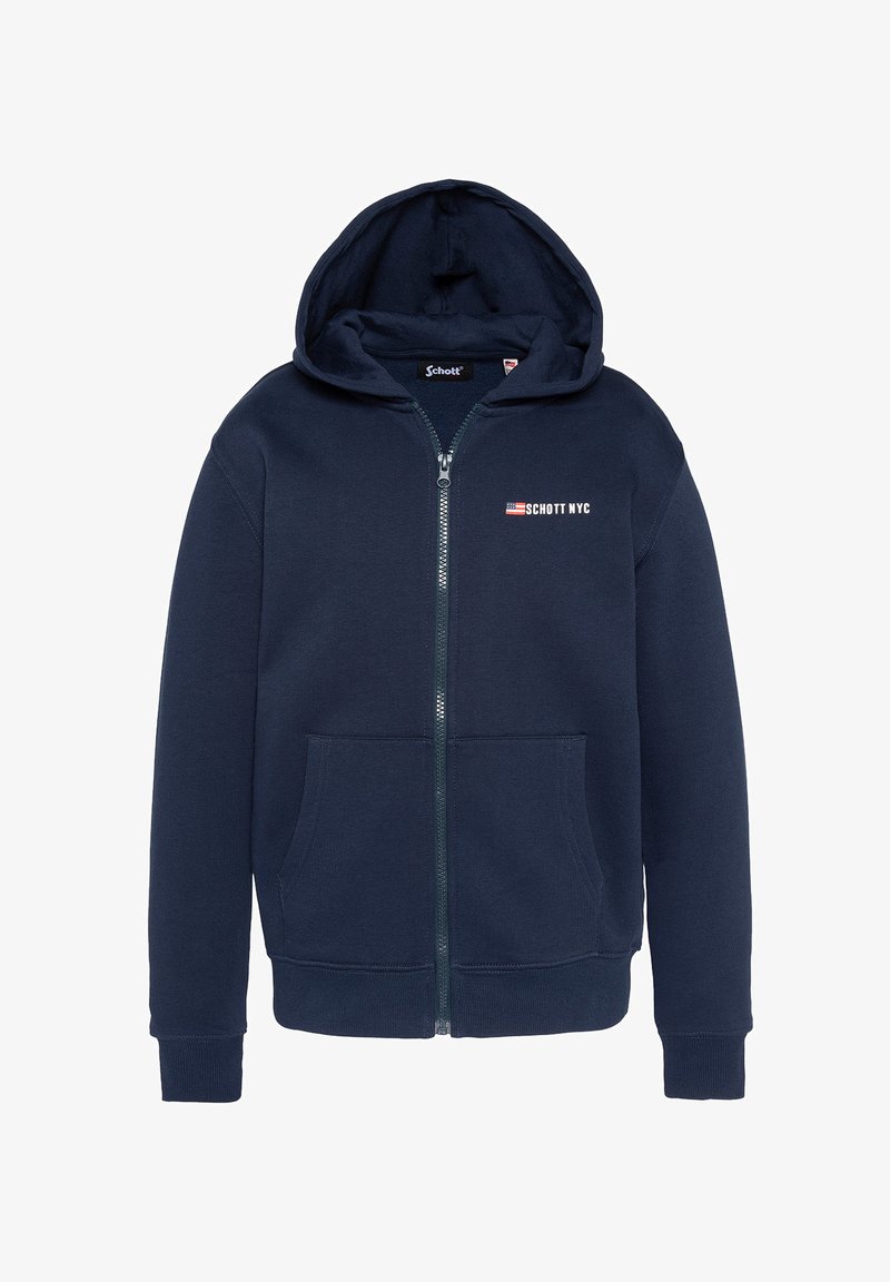 Felpa con zip di colore blu navy, realizzata in morbido cotone, dotata di una grande tasca frontale, cappuccio con coulisse e logo "SCHOTT NYC" sul petto.