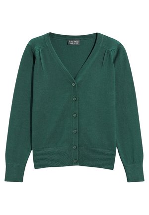 Cardigan vert foncé à manches longues avec col en V, six boutons à l'avant, poignets et ourlet côtelés, et légères fronces aux épaules.