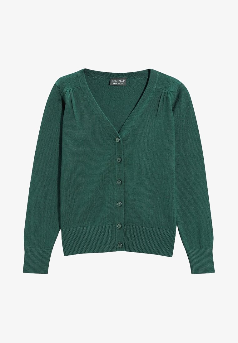 Cardigan vert foncé à manches longues avec col en V, six boutons à l'avant, poignets et ourlet côtelés, et légères fronces aux épaules.