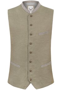 Grüner gemusterter Weste mit leichtem Glanz, ausgestattet mit einem grauen Kragen, fünf braunen Knöpfen und zwei Seitentaschen mit grauen Akzenten.