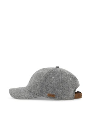 Gorra de béisbol gris con estampado de espiga, visera curvada, paneles cosidos y correa ajustable de cuero marrón.