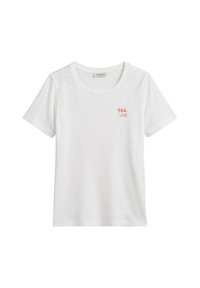 White short-sleeve t-shirt made of soft fabric, featuring a small red print saying "You." on the left chest area. Round neckline.