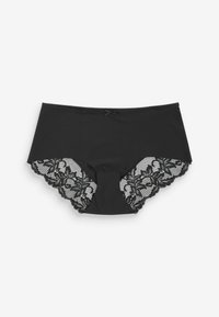 Schwarze hochgeschnittene Unterhose mit einem glatten Vorderteil, Spitzenverzierungen an den Seiten und einer kleinen schwarzen Satinschleife am Taillenbund.