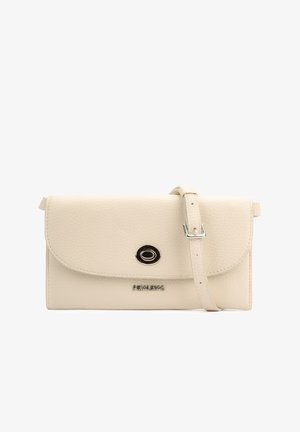 Sac bandoulière en cuir crème avec rabat, fermoir ovale argenté, sangle réglable et logo "Pikolinos" sur le devant.