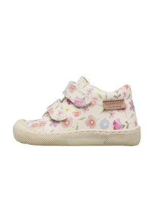 Scarpa crema per bambino con motivo floreale rosa, viola e giallo, due cinturini in velcro e suola in gomma strutturata.