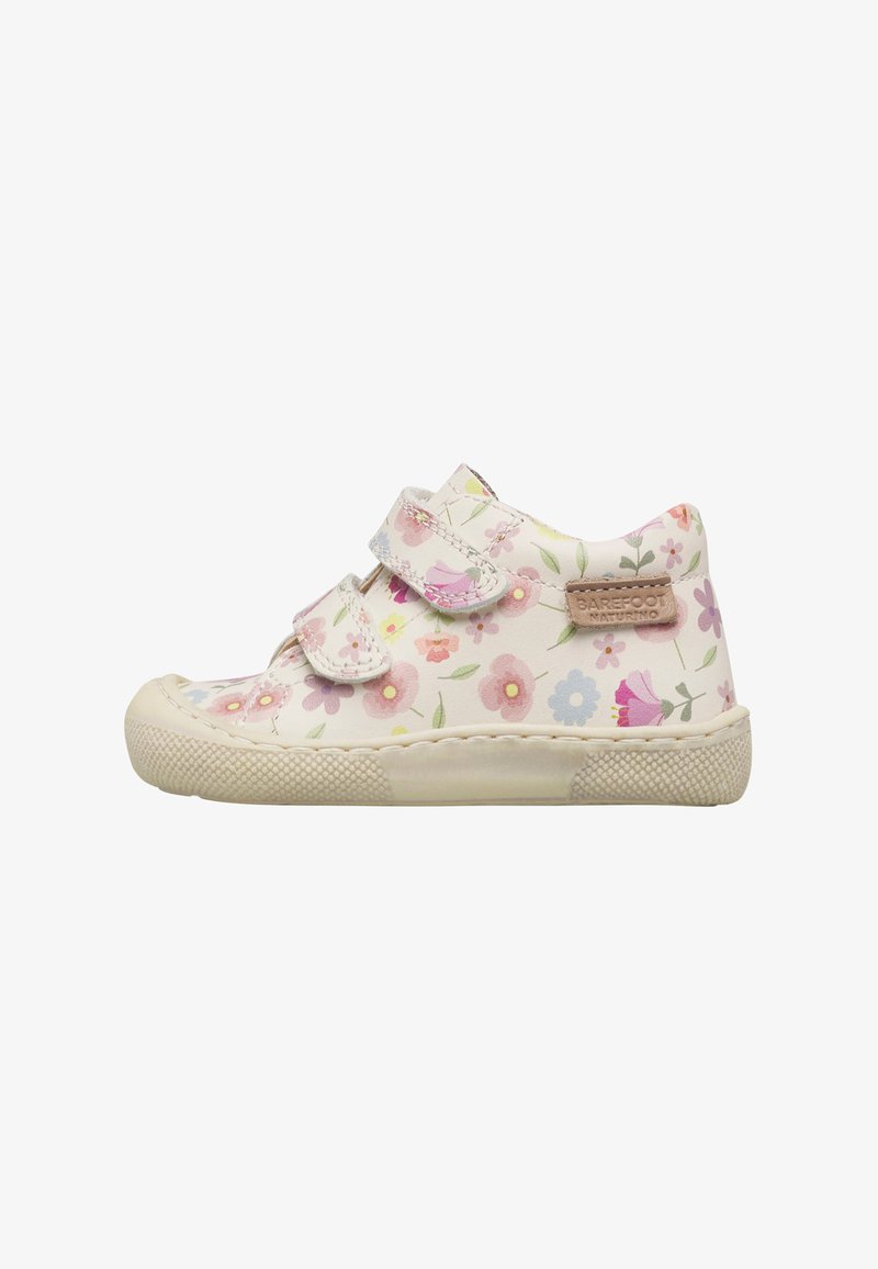 Scarpa crema per bambino con motivo floreale rosa, viola e giallo, due cinturini in velcro e suola in gomma strutturata.
