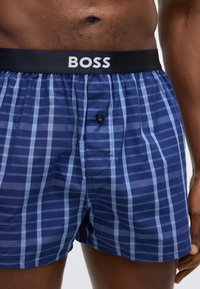 Moške bokser hlačke v mornarsko modri barvi s svetlo modrimi navpičnimi črtami, z elastičnim pasom z logotipom »BOSS« in z zadrgo ter gumbom na sprednji strani.