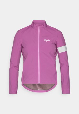 Bright pink cycling jacket with a high collar, full zip, and reflective white accents on sleeves. Made from lightweight, smooth material.