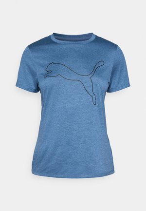 Blue athletic t-shirt made of lightweight fabric, featuring a black, stylized jumping cat logo on the front and a crew neck design.