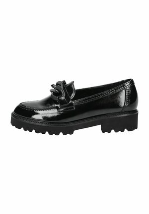 Black patent leather loafers with a chunky sole, featuring a decorative ruffle detail on the front and smooth finish.