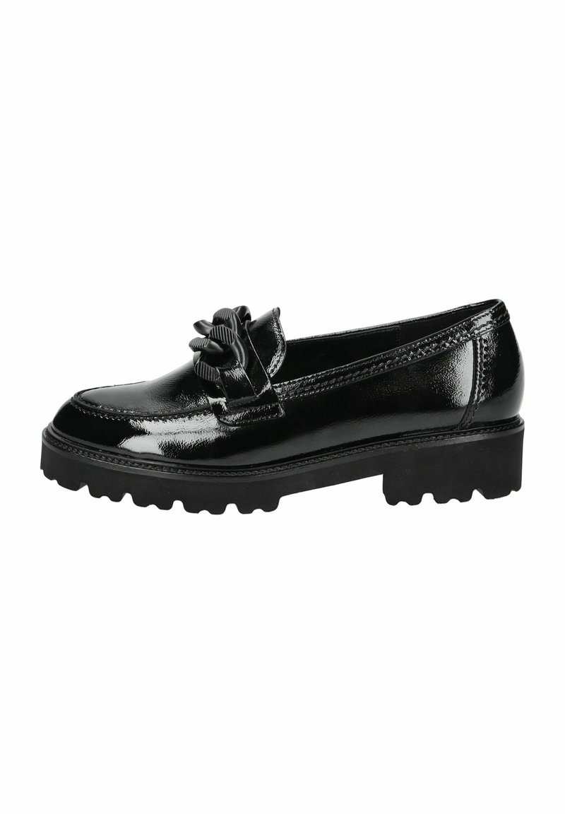 Schwarze Lacklederschuhe mit einer robusten Sohle, die ein dekoratives Rüschendetail auf der Vorderseite und eine glatte Oberfläche aufweisen.