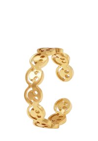 Anello d'oro con forme collegate, caratterizzato da punti intagliati. Finitura liscia e lucida con un design aperto, leggero e flessibile.