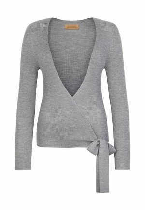 Lysegrå ribstrikket omslagsstriktrøje med lange ærmer og sidebindelukning ved taljen.