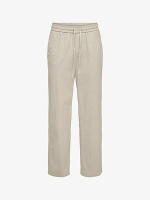Bež široke hlače iz lanu z elastičnim pasom in sprednjim trakcem za zavezovanje, z bočnimi žepi in ravnimi hlačnicami.