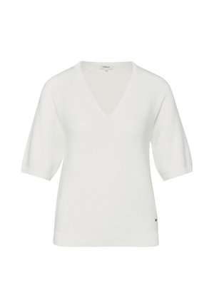 Top bianco in maglia a maniche corte con scollo a V e orlo a coste, realizzato da s.Oliver, esposto su uno sfondo bianco uniforme.
