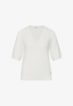 Biały krótki sweter z krótkim rękawem, dekoltem w kształcie litery V i prążkowanym dołem, wykonany przez s.Oliver, pokazany na jednolitym białym tle.