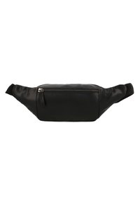 Fanny pack nera con una finitura in pelle liscia e elegante. Presenta un compartimento con zip e una tracolla regolabile per indossarla in modo sicuro.