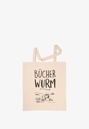 Cotton tote bag in natural color featuring the text "BÜCHER WURM" and a black illustration of a dog with books. Flat design, sturdy straps.