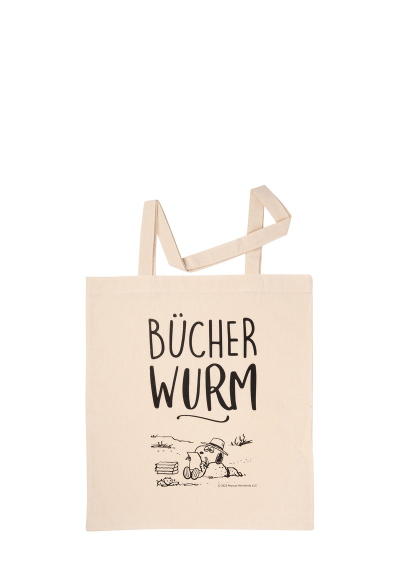 Borsa in cotone di colore naturale con la scritta "BÜCHER WURM" e un'illustrazione nera di un cane con dei libri. Design piatto, manici robusti.