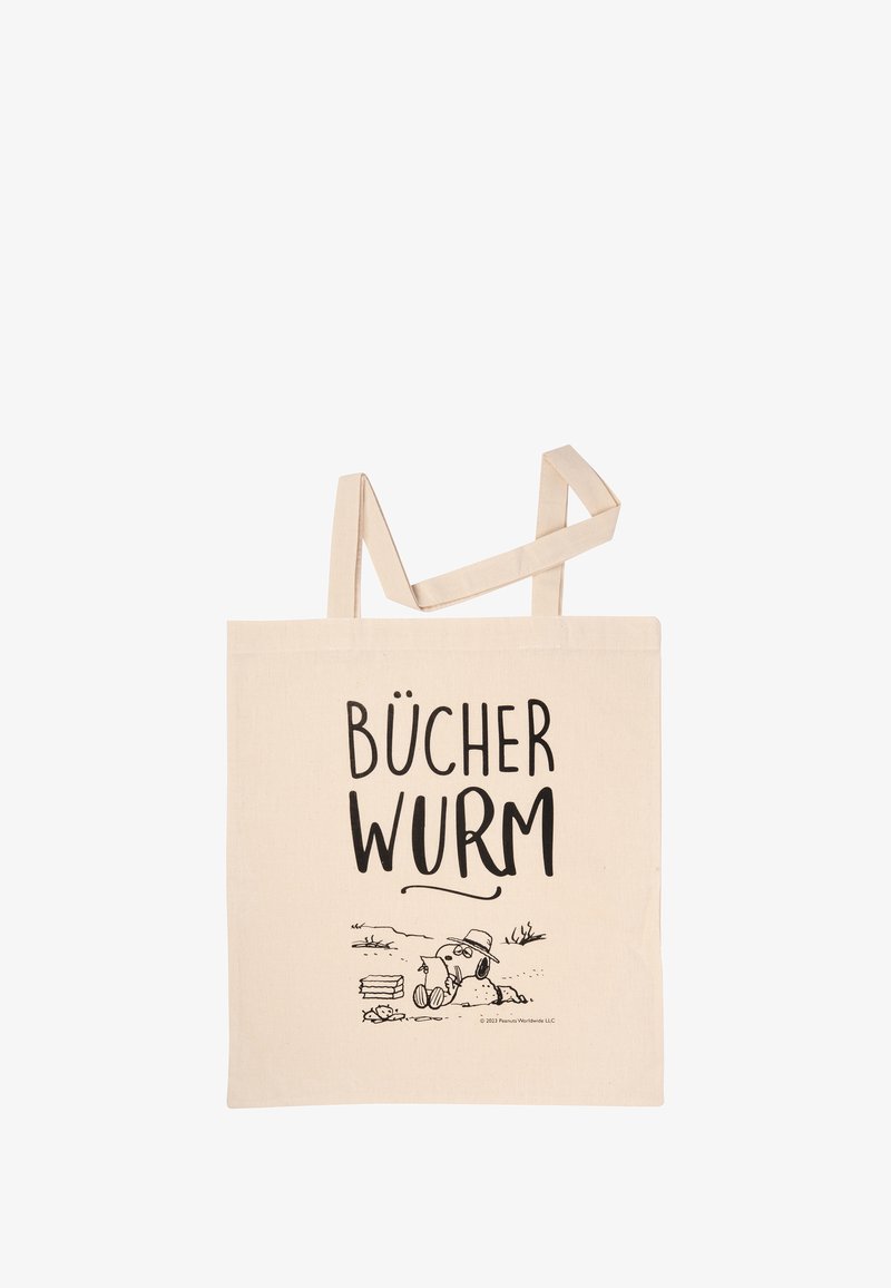 Borsa in cotone di colore naturale con la scritta "BÜCHER WURM" e un'illustrazione nera di un cane con dei libri. Design piatto, manici robusti.
