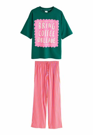 Green short-sleeve shirt with pink graphic text "BRING COFFEE OR LEAVE" paired with loose, vertical pink and orange striped pants.