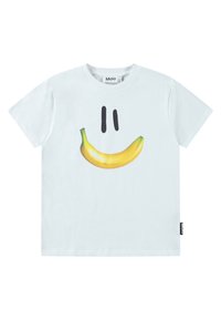 Hvid bomulds t-shirt med et grafisk print af en banan og sorte smiley-face elementer. Simpelt design, korte ærmer, med et sidelabel.