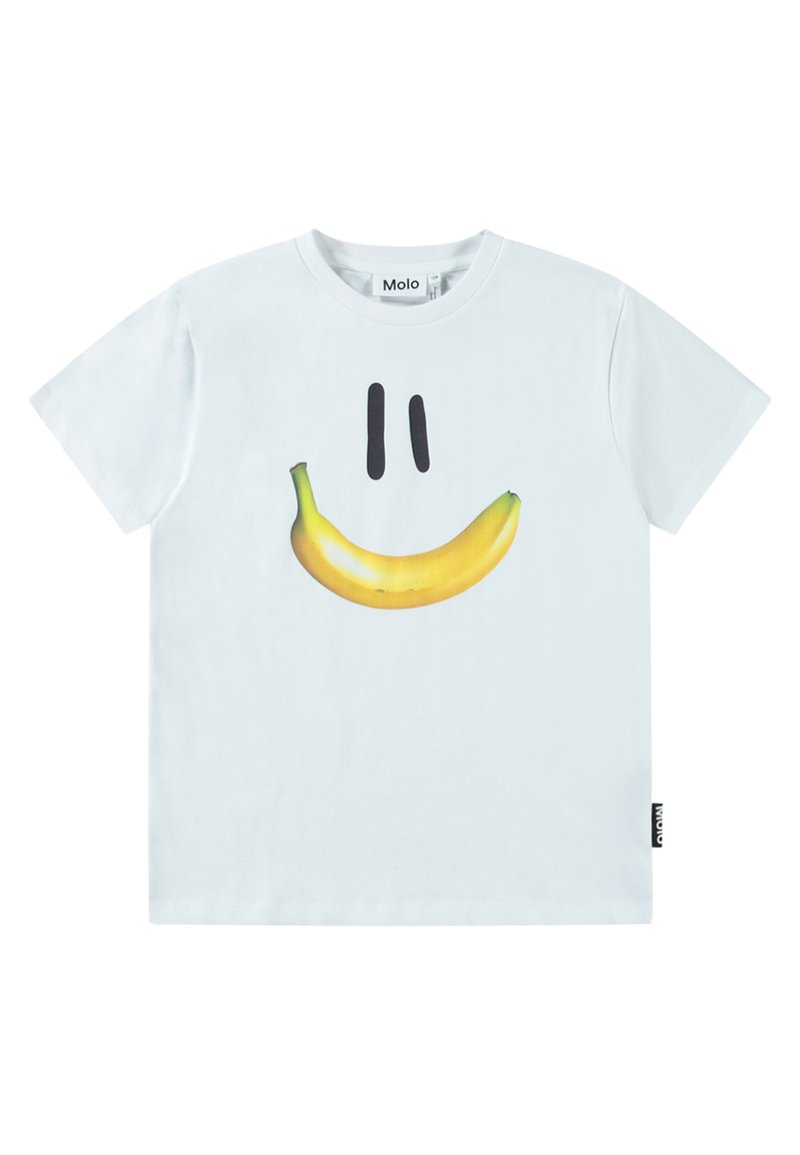 Hvid bomulds t-shirt med et grafisk print af en banan og sorte smiley-face elementer. Simpelt design, korte ærmer, med et sidelabel.