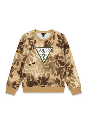 Beige-braun bedrucktes Sweatshirt mit Camouflage-Muster, beigen Bündchen und Kragen, mit einem großen grünen und weißen dreieckigen Guess-Logo auf der Brust.