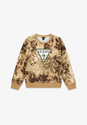 Beež ja pruun ühevärvilise kamuflaažimustriga dressipluus beeži varrukakaani ja kraega, millel on suurt rohelist ja valget kolmnurkset Guess'i logo rinnal.