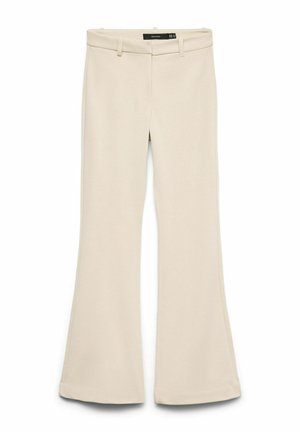 Pantalon évasé beige taille haute avec passants de ceinture, fermeture éclair à l'avant, sans poches visibles, posé à plat sur un fond blanc.