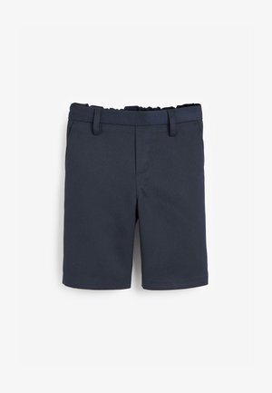 Pantaloni corti blu navy realizzati in tessuto liscio, con vita elasticizzata, passanti per la cintura e una vestibilità dritta con tasche laterali.