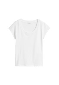 Vit bomullströja med rundad hals, korta ärmar och avslappnad passform. Slät textur, minimalistisk design, inga synliga mönster.