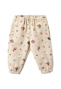 Beige bukser med elastisk midje, med et lekent mønster av pepperkakehus, reinsdyr og festlige ornamenter i ulike farger.