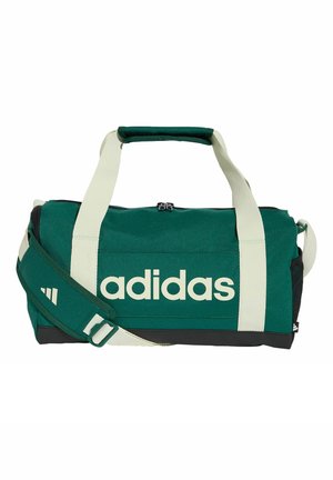 Borsa sportiva verde Adidas con manici bianchi e tracolla regolabile, base nera e grande logo Adidas sul davanti.