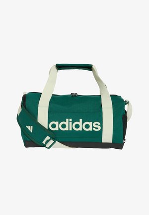 Sac de sport vert Adidas avec poignées blanches et bandoulière réglable, base noire et grand logo Adidas à l'avant.