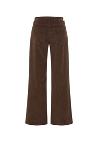 Braune Cordhosen mit weitem Bein, elastischem Bund und zwei hinteren Taschen; weiche Textur mit samtigem Finish.