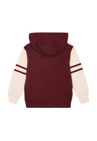 Felpa con cappuccio color marsala e maniche crema, con due strisce marsala su ciascuna manica. Realizzata in un tessuto morbido e testurizzato con polsini a coste.