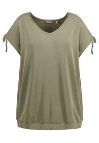 Top de corte holgado en color verde oliva, con mangas cortas y escote en V, adornado con pequeños lazos atados en cada manga, y con un dobladillo fruncido en la parte inferior.