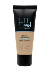 Tube de fond de teint Maybelline Fit Me !, noir avec étiquette bleue, teinte 124, finition mate pour peau normale à grasse, avec un bouchon à presser, texture lisse.