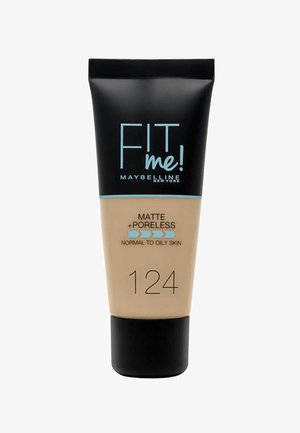 Maybelline Fit Me! Foundation Tube, schwarz mit blauer Etikette, Farbton 124, mattes Finish für normale bis fettige Haut, Quetschverschluss, glatte Textur.